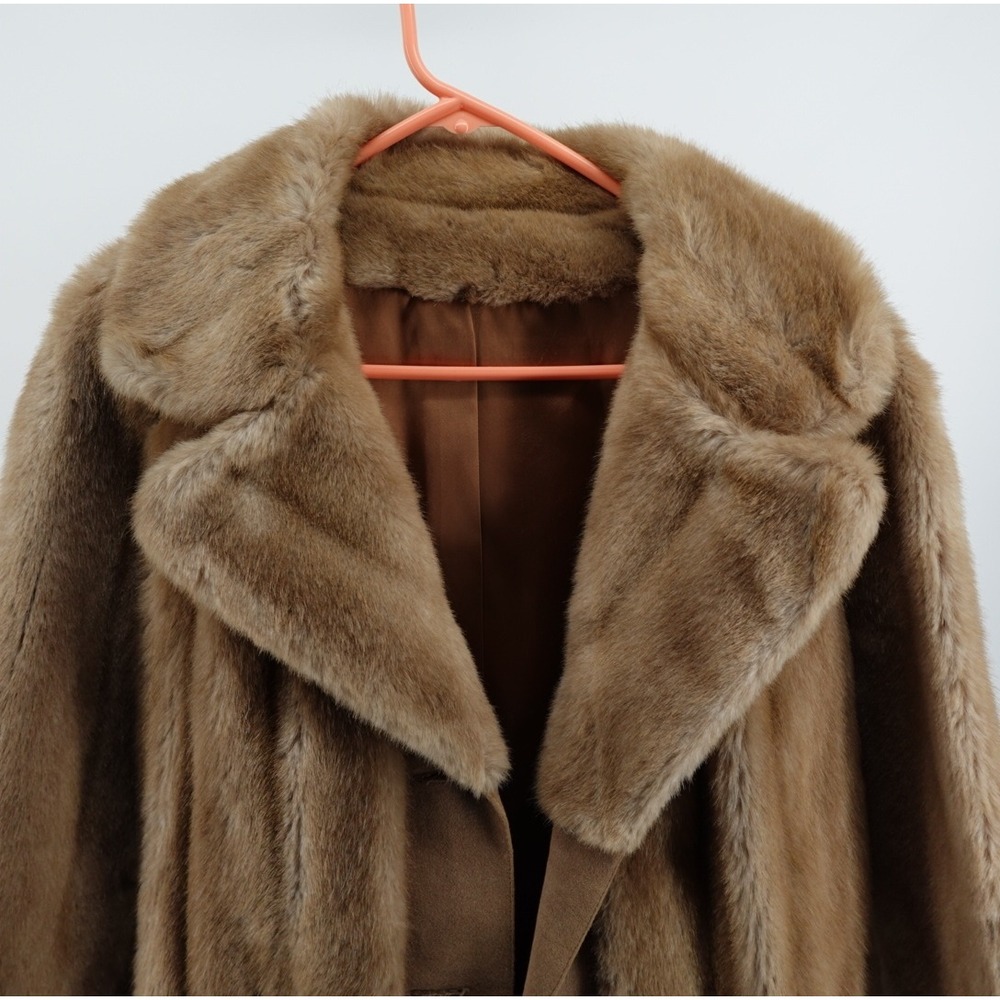 Vintage Furrage Tissavel France Faux Fur Coat Brown Belted Mid Length Jacket - Picture 3 of 8